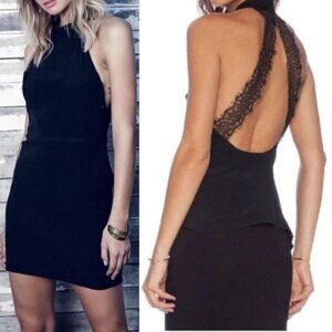 For Love & Lemons Topanga Halter Neck Mini Dress Open Back Lace Black Sz Medium
